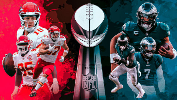 A collage of Patrick Mahomes, Chris Jones, Travis Kelce, Jalen Hurts, A.J. Brown and Haason Reddick, with the Lombardi Trophy in between them.